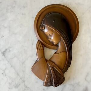 Vintage Brown Praying Mother Mary Chalkware Wall Hanging Plaque